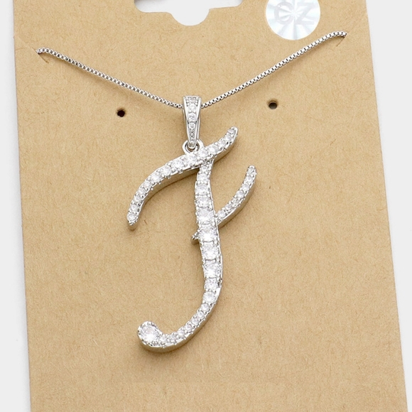 Silver F CZ Monogram Pendant Chain Necklace Rhinestone Crystal Initial Charm - Picture 1 of 5